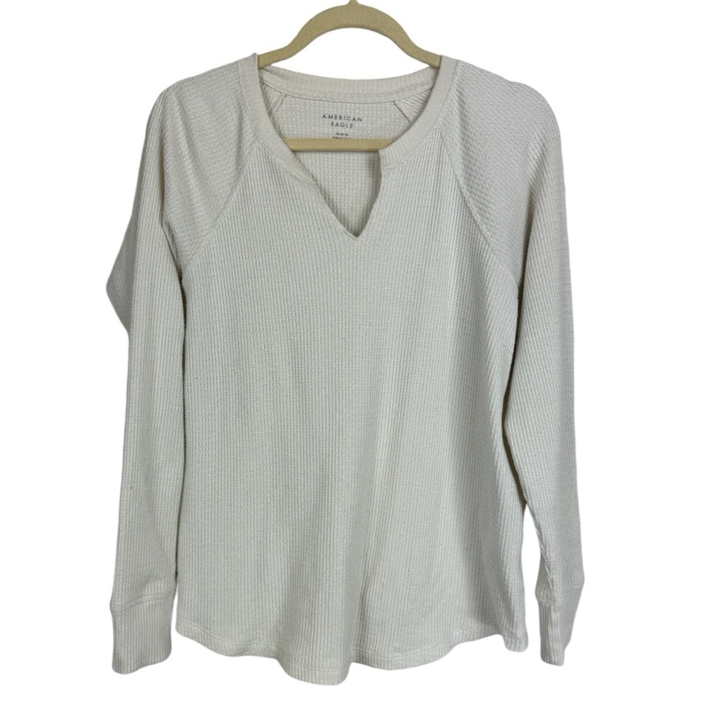 🥑5/$25 American Eagle Long Sleeve Waffle Knit Thermal Split neck Top Cream M